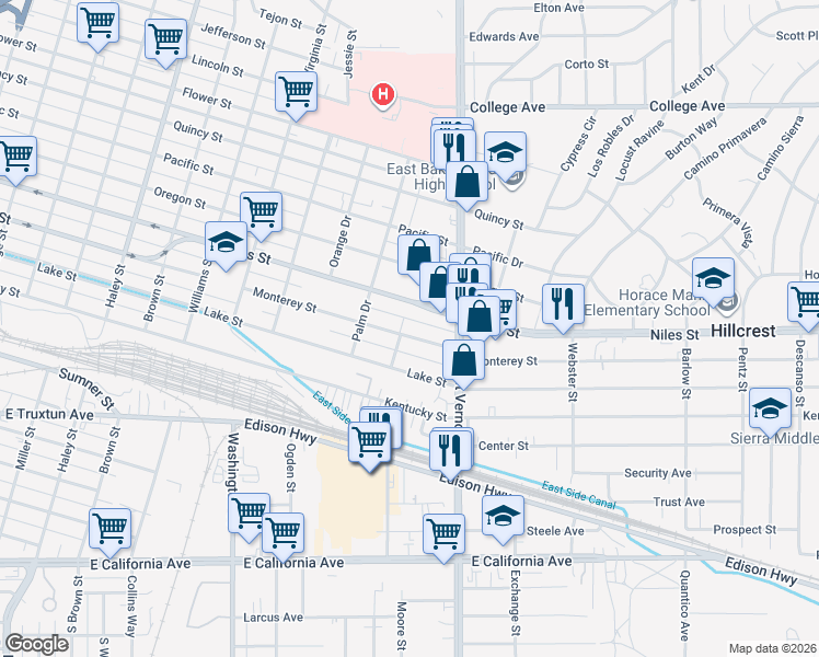 map of restaurants, bars, coffee shops, grocery stores, and more near 2102 Monterey Street in Bakersfield