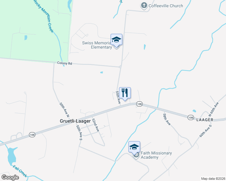 map of restaurants, bars, coffee shops, grocery stores, and more near 30 Burnett Road in Gruetli-Laager
