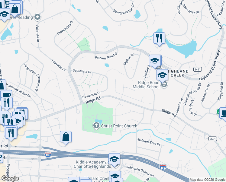 map of restaurants, bars, coffee shops, grocery stores, and more near 4128 Huntmeadow Drive in Charlotte
