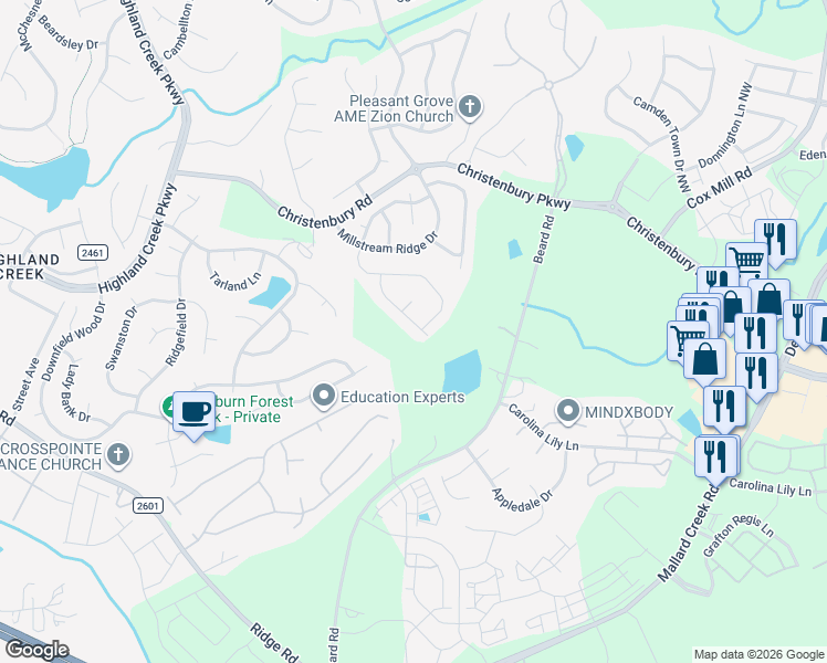 map of restaurants, bars, coffee shops, grocery stores, and more near 3417 Dominion Green Drive in Charlotte