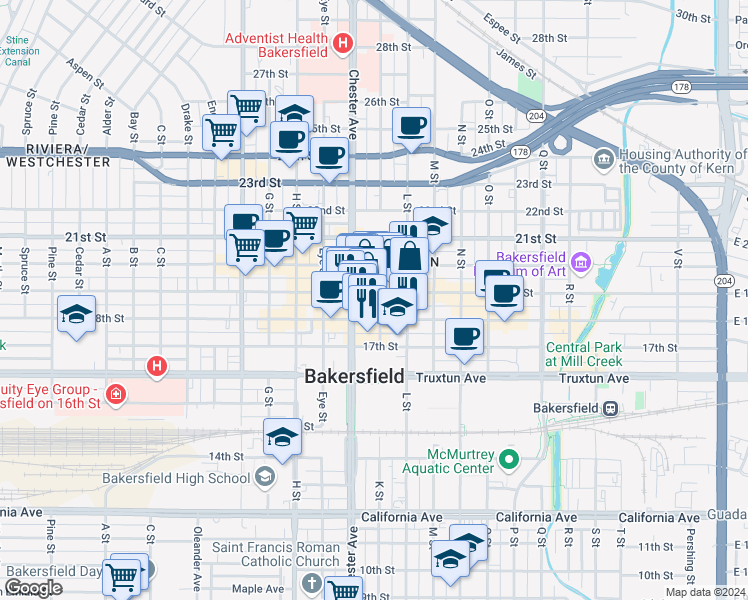 map of restaurants, bars, coffee shops, grocery stores, and more near 1401 19th Street in Bakersfield