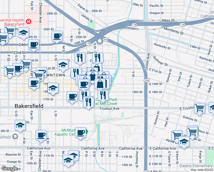 map of restaurants, bars, coffee shops, grocery stores, and more near 607 19th Street in Bakersfield