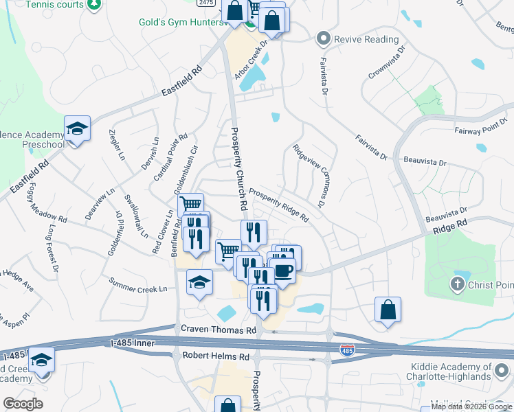 map of restaurants, bars, coffee shops, grocery stores, and more near 4617 Forestridge Commons Drive in Charlotte