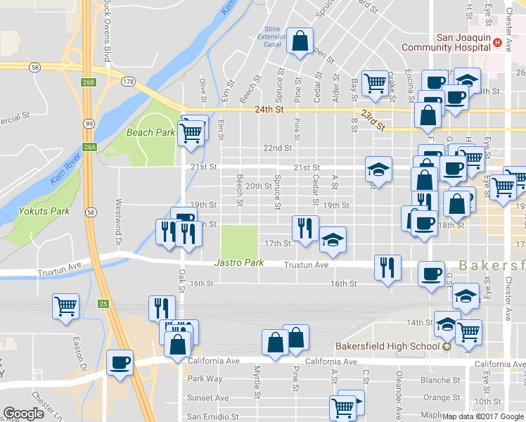 map of restaurants, bars, coffee shops, grocery stores, and more near 2731 19th Street in Bakersfield
