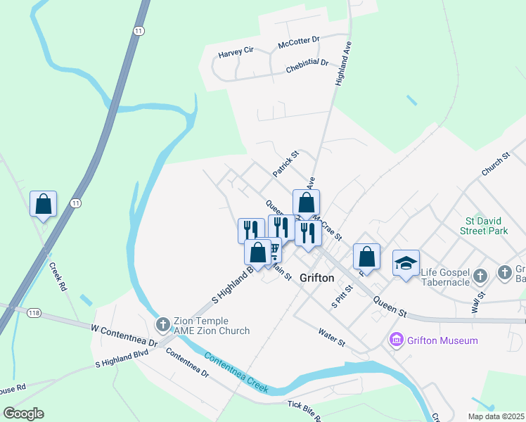 map of restaurants, bars, coffee shops, grocery stores, and more near 370 Queen Street in Grifton