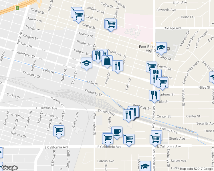 map of restaurants, bars, coffee shops, grocery stores, and more near 1802 Lake Street in Bakersfield