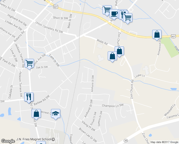 map of restaurants, bars, coffee shops, grocery stores, and more near 538 Pullman Street Southwest in Concord