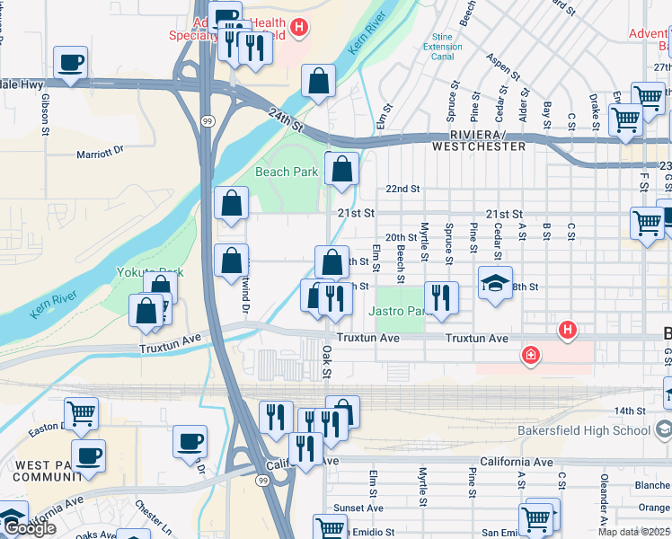 map of restaurants, bars, coffee shops, grocery stores, and more near 3127 19th Street in Bakersfield