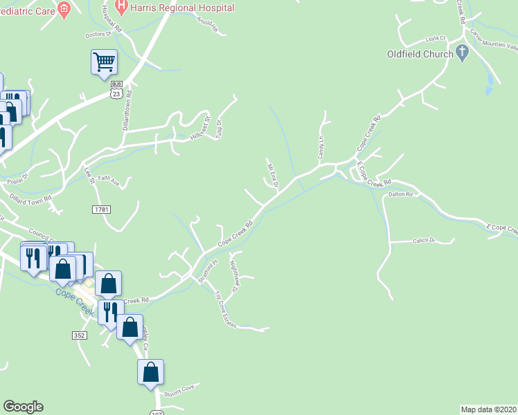 map of restaurants, bars, coffee shops, grocery stores, and more near 663 Cope Creek Road in Sylva