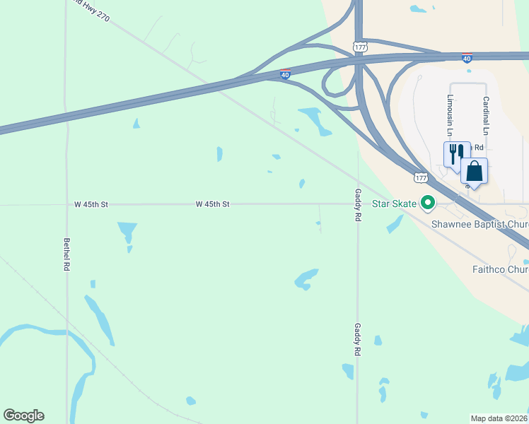 map of restaurants, bars, coffee shops, grocery stores, and more near 36605 West 45th Street in Shawnee