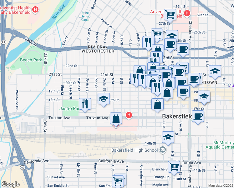 map of restaurants, bars, coffee shops, grocery stores, and more near 2403 19th Street in Bakersfield
