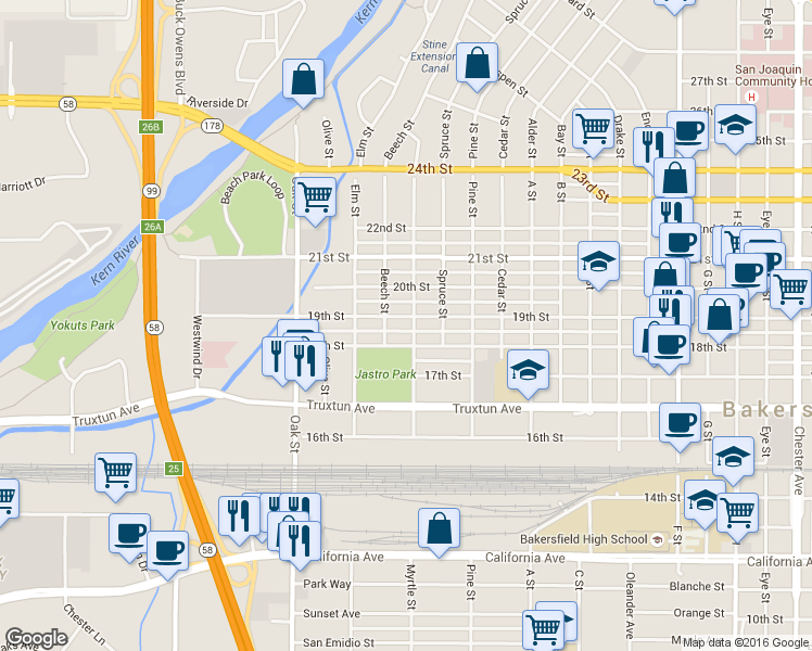 map of restaurants, bars, coffee shops, grocery stores, and more near 2731 19th Street in Bakersfield