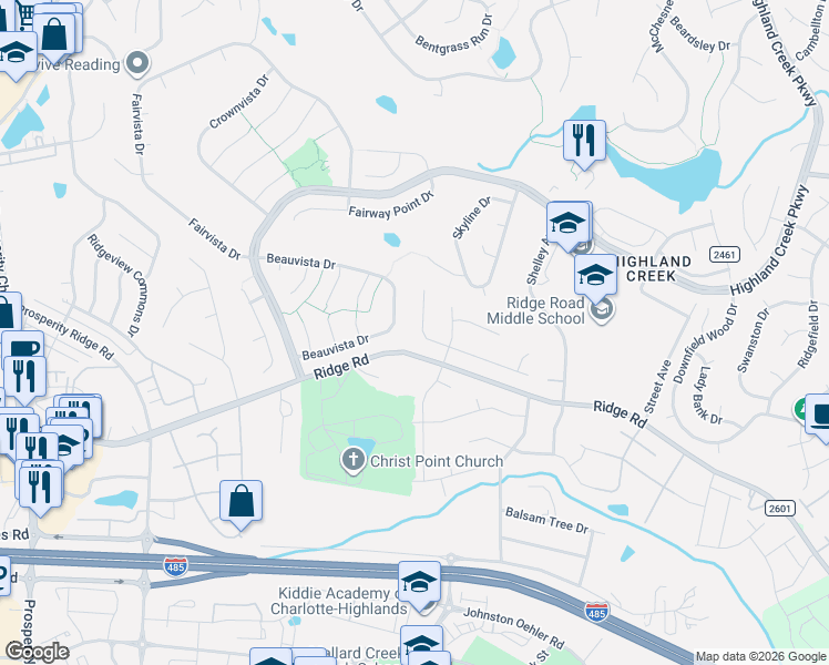 map of restaurants, bars, coffee shops, grocery stores, and more near 4128 Huntmeadow Drive in Charlotte