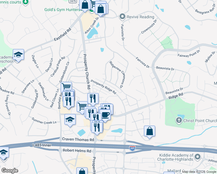 map of restaurants, bars, coffee shops, grocery stores, and more near 4955 Prosperity Ridge Road in Charlotte