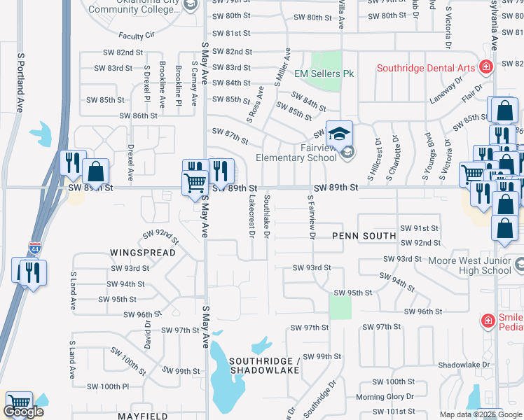 map of restaurants, bars, coffee shops, grocery stores, and more near 9100 Southlake Drive in Oklahoma City