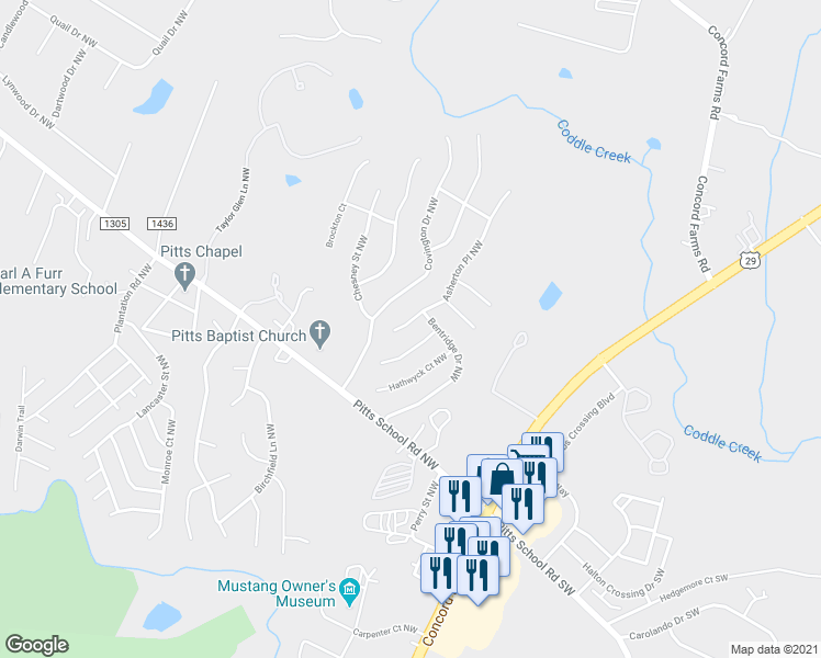 map of restaurants, bars, coffee shops, grocery stores, and more near 4836 Asherton Place Northwest in Concord