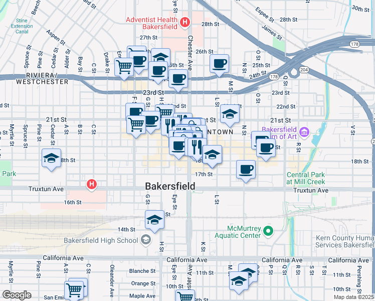 map of restaurants, bars, coffee shops, grocery stores, and more near 1825 Chester Avenue in Bakersfield