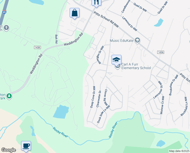 map of restaurants, bars, coffee shops, grocery stores, and more near 451 Riverwalk Drive Northwest in Concord