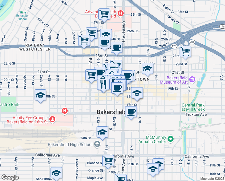 map of restaurants, bars, coffee shops, grocery stores, and more near 1820 Eye Street in Bakersfield