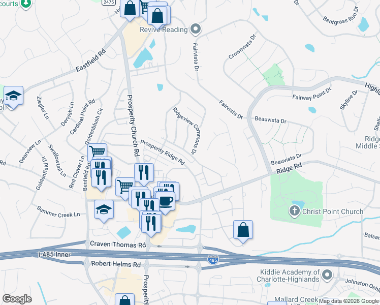 map of restaurants, bars, coffee shops, grocery stores, and more near 5315 Prosperity View Drive in Charlotte