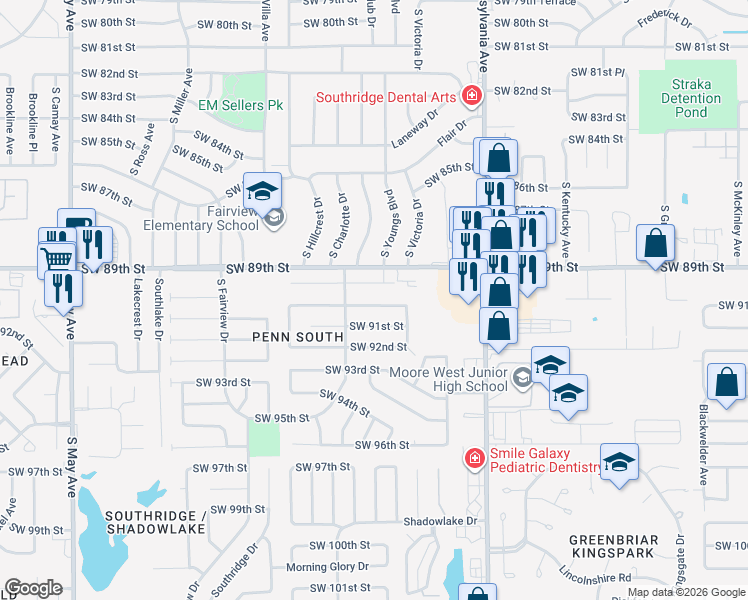 map of restaurants, bars, coffee shops, grocery stores, and more near 2329 Southwest 90th Street in Oklahoma City
