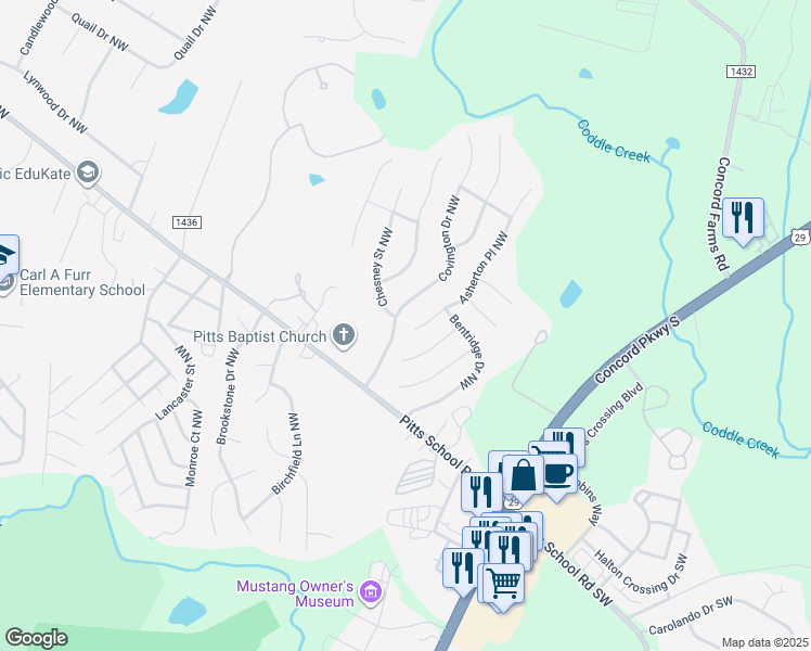 map of restaurants, bars, coffee shops, grocery stores, and more near 4851 Asherton Place Northwest in Concord
