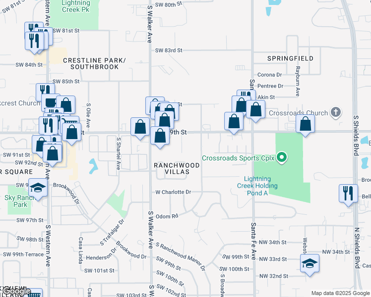 map of restaurants, bars, coffee shops, grocery stores, and more near 9104 Cates Way in Oklahoma City