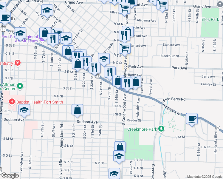 map of restaurants, bars, coffee shops, grocery stores, and more near 721 South 25th Street in Fort Smith