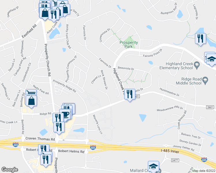 map of restaurants, bars, coffee shops, grocery stores, and more near 4617 Rock Stream Drive in Charlotte