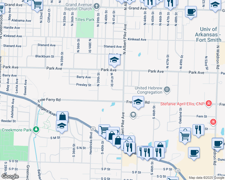 map of restaurants, bars, coffee shops, grocery stores, and more near 4102 Free Ferry Lane in Fort Smith