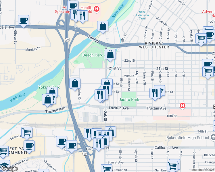 map of restaurants, bars, coffee shops, grocery stores, and more near 3127 19th Street in Bakersfield