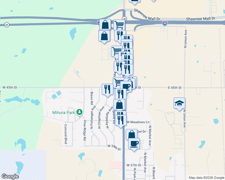 map of restaurants, bars, coffee shops, grocery stores, and more near 4412 North Aydelotte Avenue in Shawnee