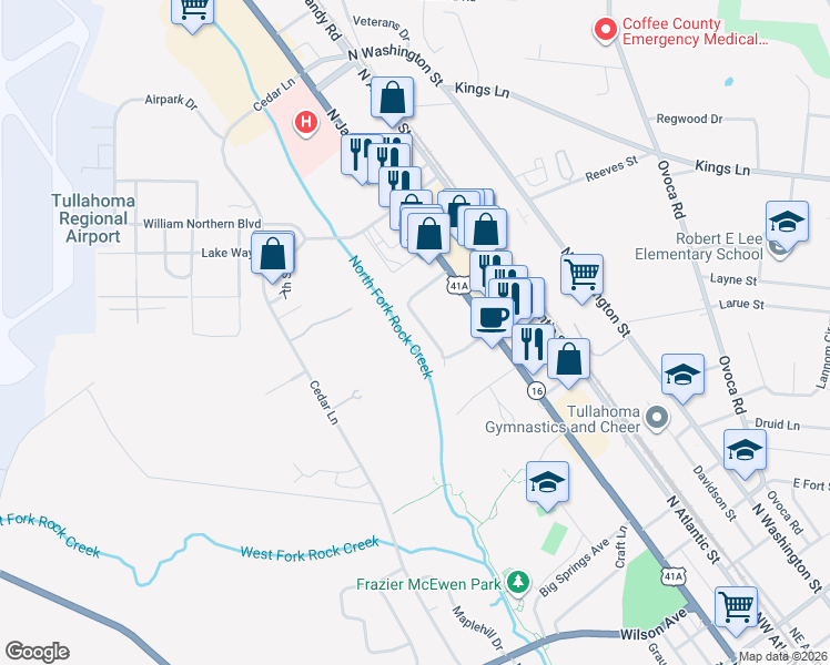 map of restaurants, bars, coffee shops, grocery stores, and more near 217 Jackson Circle in Tullahoma