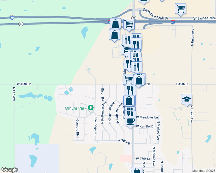 map of restaurants, bars, coffee shops, grocery stores, and more near 4409 North Pottenger Avenue in Shawnee