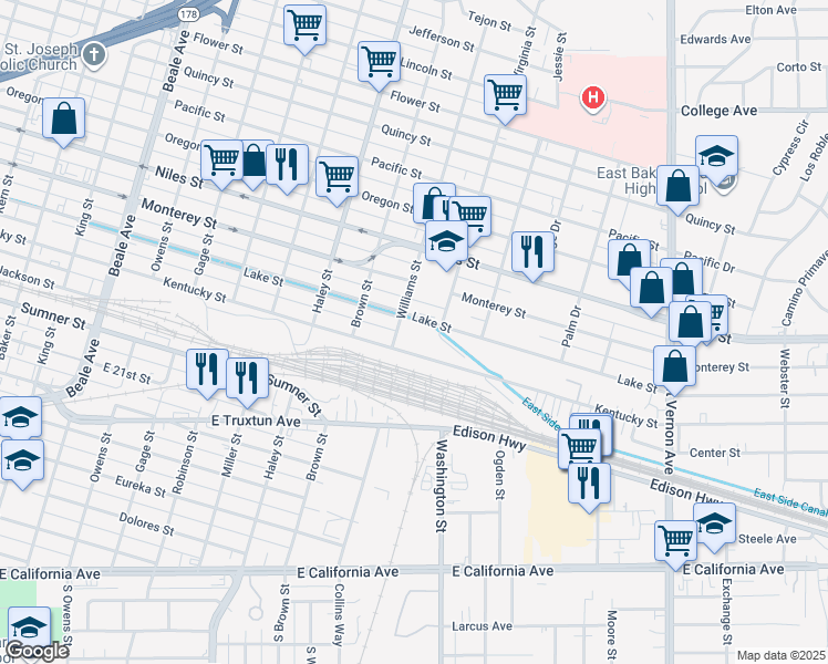 map of restaurants, bars, coffee shops, grocery stores, and more near 2 Kentucky Street in Bakersfield