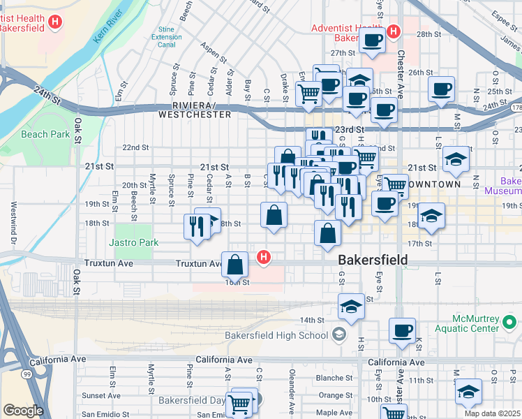 map of restaurants, bars, coffee shops, grocery stores, and more near 2229 19th Street in Bakersfield