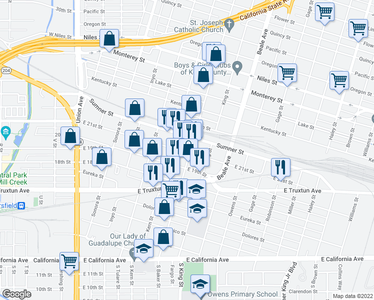 map of restaurants, bars, coffee shops, grocery stores, and more near 800 Baker Street in Bakersfield