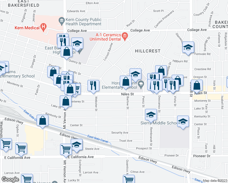 map of restaurants, bars, coffee shops, grocery stores, and more near 2602 Niles Street in Bakersfield