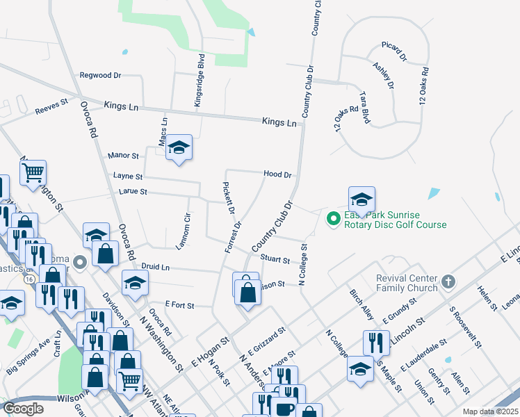 map of restaurants, bars, coffee shops, grocery stores, and more near 1006 Forrest Drive in Tullahoma
