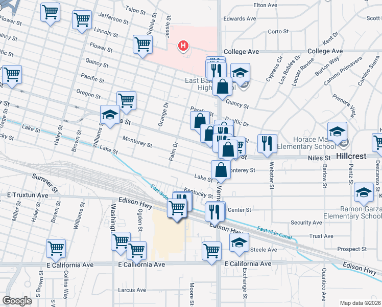 map of restaurants, bars, coffee shops, grocery stores, and more near 2102 Monterey Street in Bakersfield