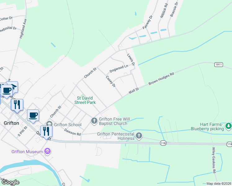 map of restaurants, bars, coffee shops, grocery stores, and more near 712 Casey Drive in Grifton