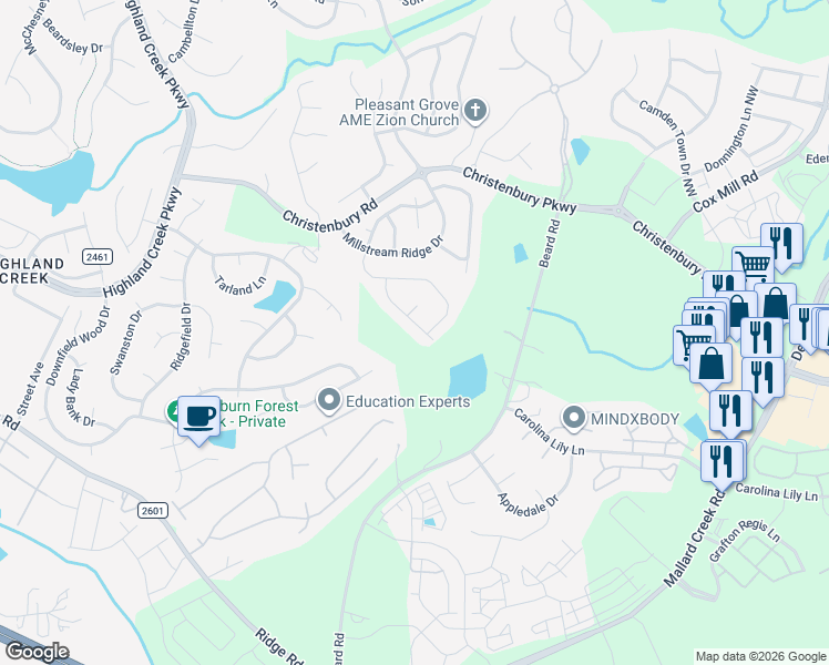 map of restaurants, bars, coffee shops, grocery stores, and more near 3417 Dominion Green Drive in Charlotte