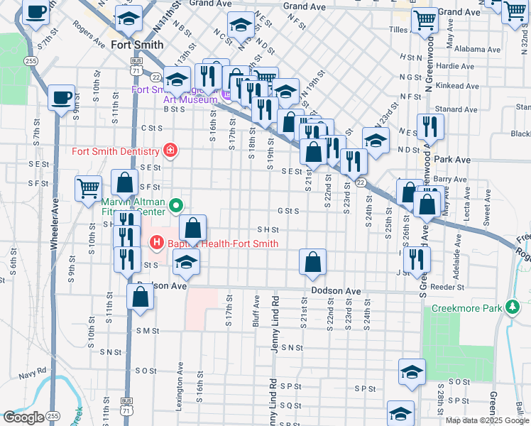map of restaurants, bars, coffee shops, grocery stores, and more near 800 South 19th Street in Fort Smith