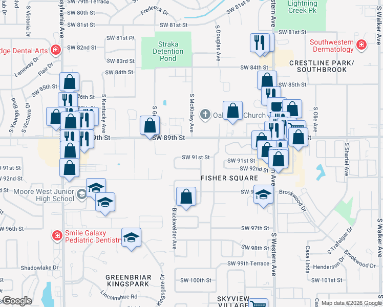 map of restaurants, bars, coffee shops, grocery stores, and more near 1221 Southwest 91st Street in Oklahoma City
