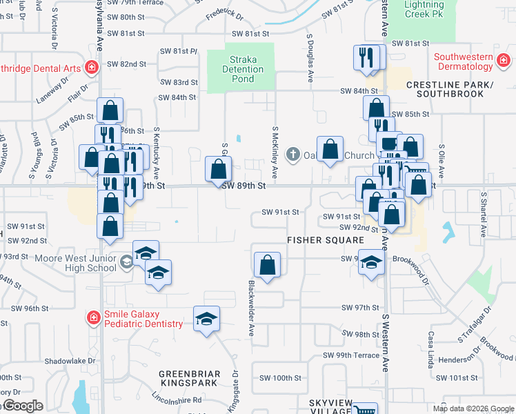 map of restaurants, bars, coffee shops, grocery stores, and more near 1221 Southwest 91st Street in Oklahoma City