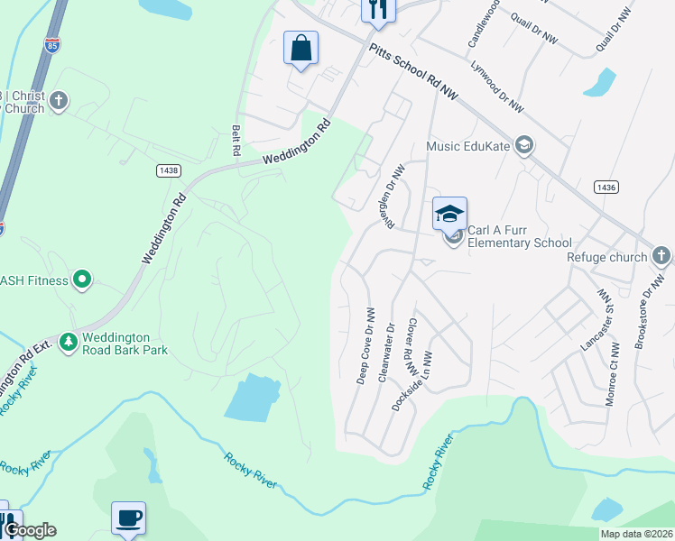 map of restaurants, bars, coffee shops, grocery stores, and more near 2808 Island Point Drive Northwest in Concord