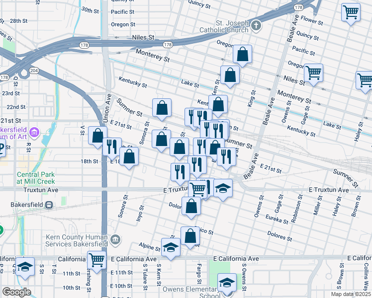 map of restaurants, bars, coffee shops, grocery stores, and more near 501 East 21st Street in Bakersfield