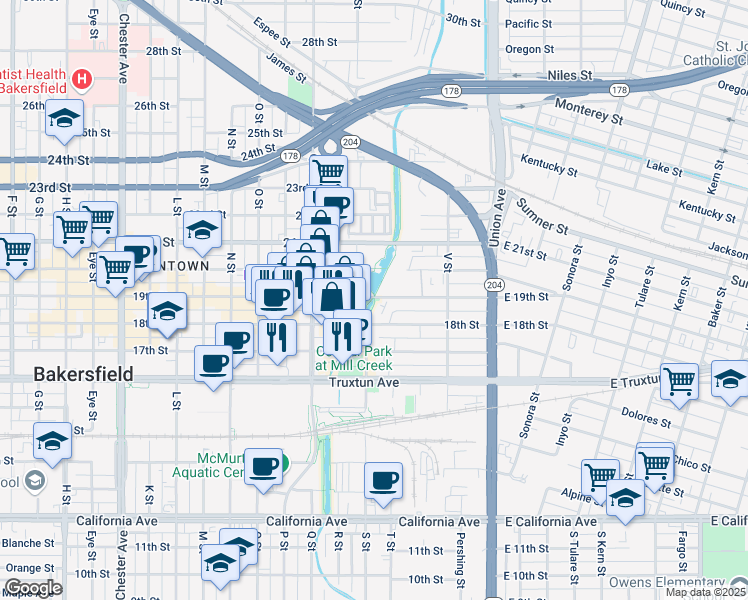 map of restaurants, bars, coffee shops, grocery stores, and more near 607 19th Street in Bakersfield