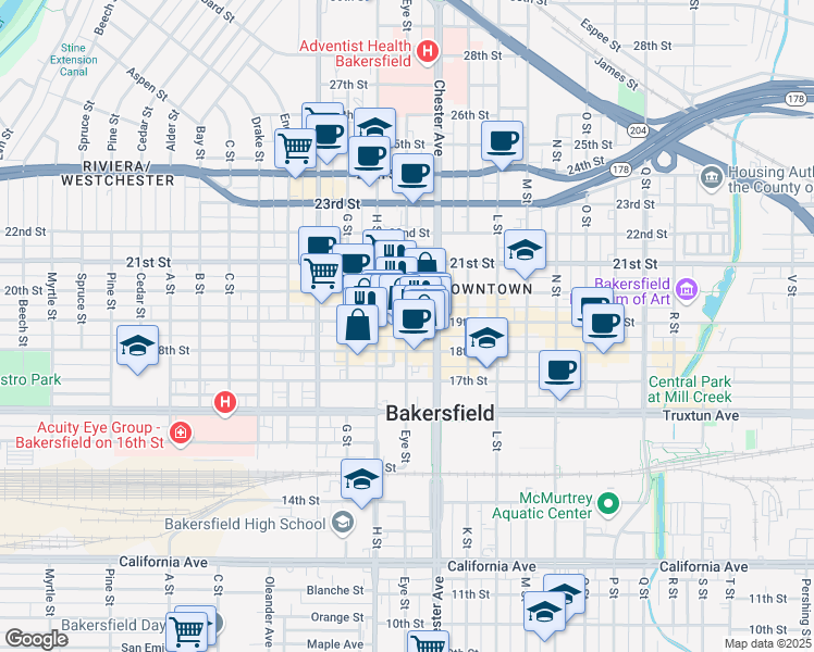 map of restaurants, bars, coffee shops, grocery stores, and more near 1820 Eye Street in Bakersfield