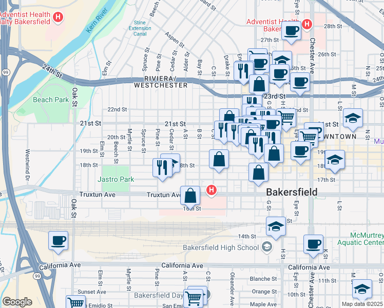 map of restaurants, bars, coffee shops, grocery stores, and more near 2403 19th Street in Bakersfield
